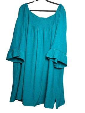 Avenue Plus Size 30/32 Tunic Top Teal Blue Smocked Off Shoulder Ruffle Sleeve